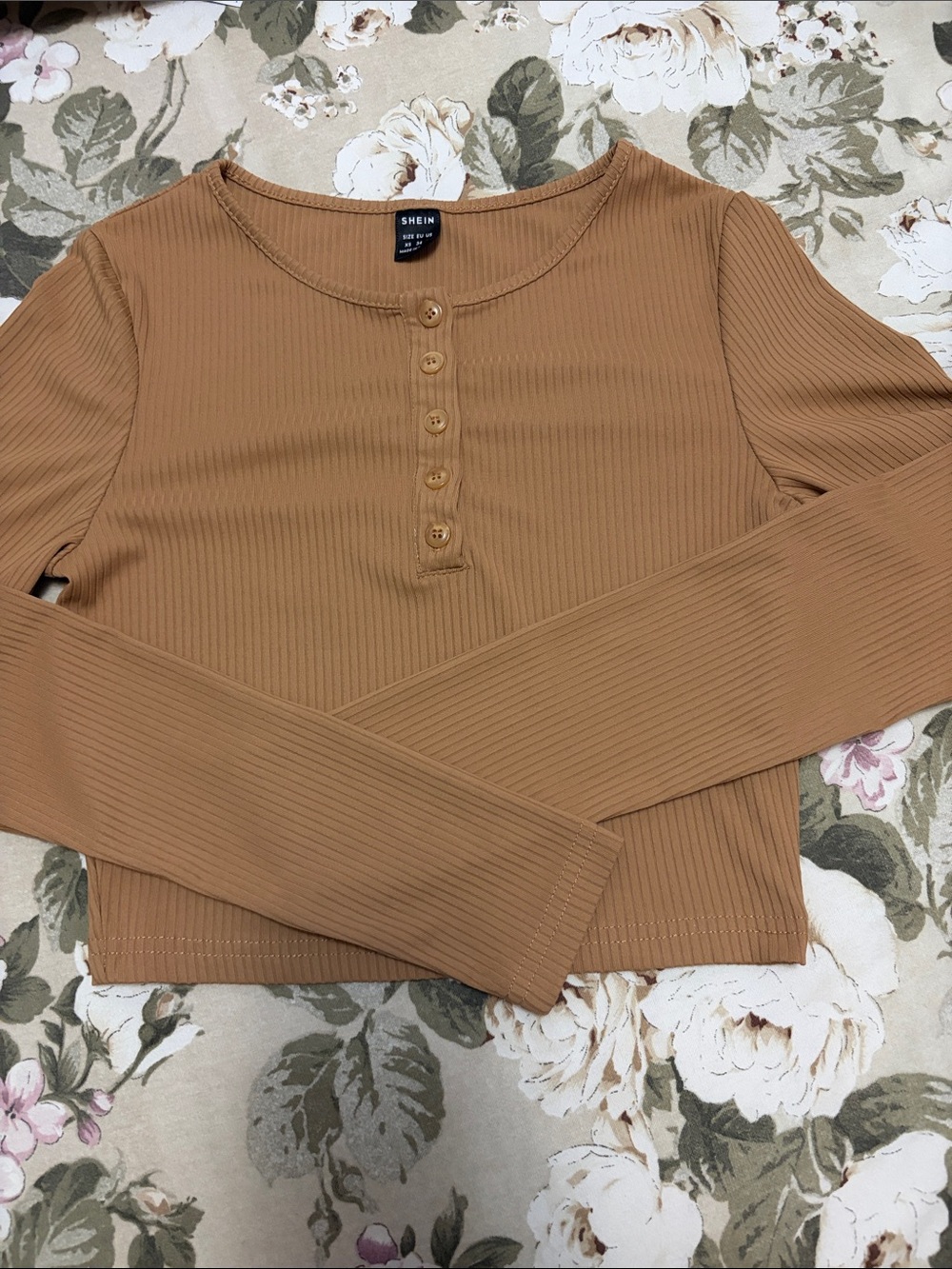 SHEIN Ribbed Henley Long Sleeve Top - Tan